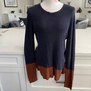 Eileen Fisher LS Scoop Neck Fine Knit Colorblock Sweater Navy Brown Sz S
